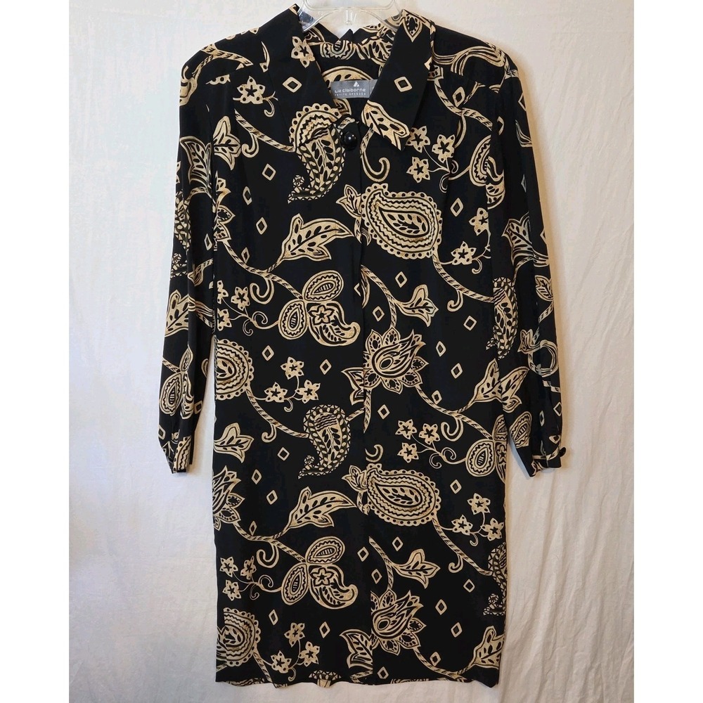 Liz Claiborne Petite 14 Silk Shirt Dress Black Tan Paisley Floral Belted Midi